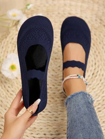 2025 Autumn Women All-Season Knitted Mary Jane Flat Shoes, Solid Color Slip-On Round Toe Shoes, Fabric Upper & Lining, Rubber Sole, Hand Washable,Ballet Flats