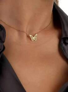 1 件 3D 蝴蝶骷髅吊坠项链简约时尚钢链项链不锈钢珠宝女士派对日常装饰女士礼物 - 金色 - 查看 3
