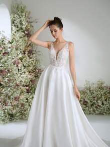 Elasola 婚纱白色深 V 领缎面华丽正式晚会舞会浪漫婚礼宾客礼服，优雅新娘婚纱 - 白色 - 查看 7