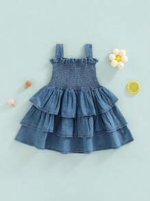 Vestido lencero para bebé niña, sin mangas, plisado, de 3 capas, liso, para verano, informal, diario. - Azul - Ver 3