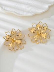 1 Pair Stylish Hollow Out Double Layer Gold-Color 5-Petal Flower Pattern Ladies Earrings - Yellow Gold - View 3