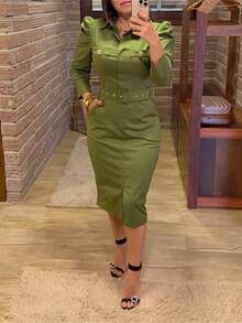 Solid Color Casual Elegant Bodycon Cargo Midi Dress With Pockets (No Belt) - Army Green - View 4
