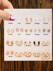 40pcs Elegant Luxury Geometric Elements Faux Pearl & CZ Stud Earrings Set, Suitable For Women's Daily, Party Wear And Gift For Friends