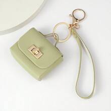 1pc Solid Color PU Leather Earphone Holder Bag With Heart Shaped Mirror Women's Makeup Keychains. Heart Shaped Mirror Decorated Headphone Holder Bag, Multicolor Women's Makeup Bag, Heart & Bag Charm Fashion Keychain Pendant - Pink - View 8