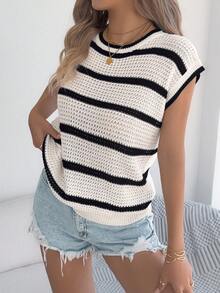 Casual Round Neck Color Contrast Striped Batwing Sleeve Women Knit Pullover Sweater Top, Spring/Summer - Apricot - View 4