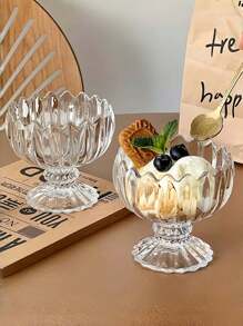 1pc Ruffled Vertical Stripe Short Glass Cup, Ins Minimalist Ice Cream Cup, Cute Pudding Cup, Coffee Cup, Milk Tea Cup, Suitable For Home, Restaurant, Cafe