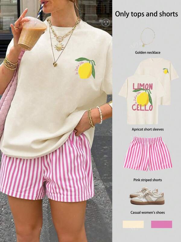 Lemon Print Ladies Oversize Short-Sleeved Top Striped Shorts Suit Casual All-Match Round Neck Short-Sleeved T-Shirt Suitable For Daily Wear Simple And Elegant Summer Outdoor Wear Suitable For Outdoor And Beach