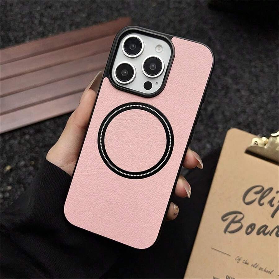Magnetic 1pc Minimalist Pink Litchi Texture Phone Case Compatible With IPhone 11 12 13 14 15 Plus 16 Pro Max S22 S23 S24 S25 Ultra, Anti-Drop Protective Cover