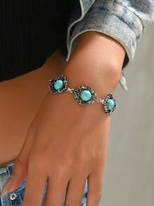 1 peça Pulseira estilo boêmio com design de girassol e flor de abóbora turquesa, pulseira vintage com flor pequena turquesa para mulheres, adequada para uso diário