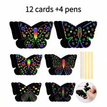 Conjunto de pintura para arranhões Butterfly World com 12/24/36 peças - Conjunto de pintura para arranhões em arco-íris, vem com caneta de madeira e fitas coloridas, adequado para sala de aula, casa, festa e feriado, conjunto de artesanato faça você mesmo, pode ser usado como decoração de bolos