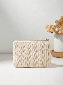 Bolso de paja trenzado con lazo decorativo, cartera para lápiz labial y monedas, bolso de playa de verano para mujeres, cartera mini, monedero, cartera de monedas, cartera