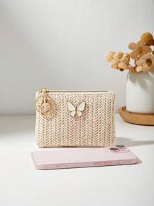 Bolso de paja trenzado con lazo decorativo, cartera para lápiz labial y monedas, bolso de playa de verano para mujeres, cartera mini, monedero, cartera de monedas, cartera