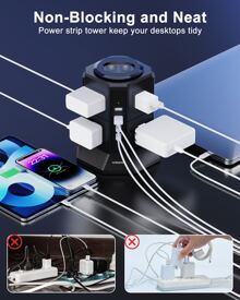 12-In-1 Tower Power Strips With Surge Protection 1080J, 8 Outlets With 4 USB Ports (2 USB C), 6.5 Long Extension Cord With Multiple Outlets 1250W/10A Flat Plug Power Strip Protector - Xem 6
