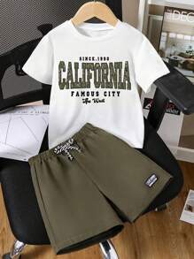 Set de tricou și pantaloni scurți cu mânecă scurtă, cu imprimeu grafic, 2 buc. Tween - alb - Vizualizare 1