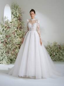 Elasola 优雅时尚的长袖婚纱、露背婚纱、立领婚纱、教堂婚纱、毕业草坪婚纱、A字拖尾婚纱，新娘优雅之选 - 白色 - 查看 2