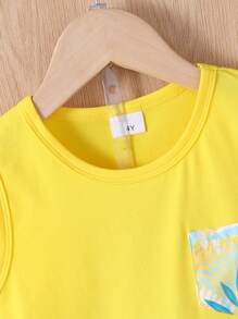 2pcs/Set Young Boy Casual Leaf Print Round Neck Top And Shorts Set - Yellow - View 2