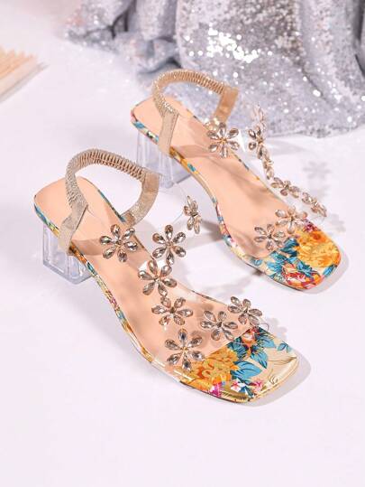 Crystal Embellished Sandals, New Summer Rhinestone Chunky Heel Middle Dress Sandals Transparent High Heels For Girls