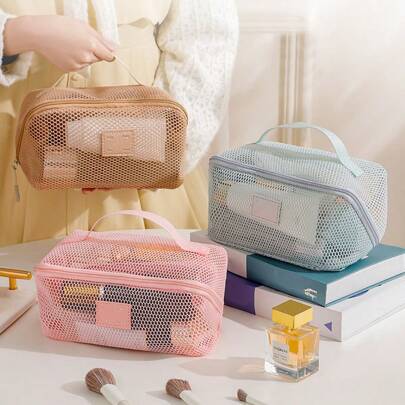 Bolsa de maquillaje de alta gama con diseño tipo Ins de gran capacidad y malla, organizador de artículos de tocador portátil y multifuncional para viajes