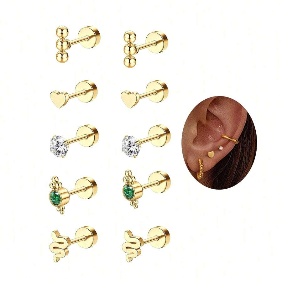 Hypoallergenic Flat Back Earrings Gold Cartilage Earring Sets For Multiple Piercing 20G Surgical Stainless Steel Earrings For Women Earring Stacks Small Flat Back Stud Earrings - 5 Pairs Of Stylish Earrings - View 1