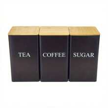 3pcs Coffee, Sugar Storage Set With Bamboo Lid, Metal Food Storage Containers For Tea, Coffee, Sugar, Candy, Kitchen Organization