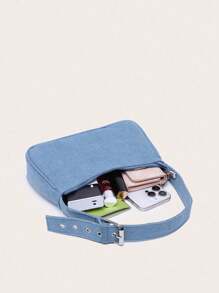 Minimalist Buckle Adjustable Shoulder Baguette Bag - Blue - View 4