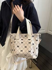 Fashionable Contrasting Color Full Body Bow Print Women's Crossbody Bag With Diamond Grid Side Pocket Shoulder Bag, Suitable For Shopping, Wallets, Shopping, Young Women, College Students, Newcomers, White-Collar Workers. They Are Very Suitable For Offices, Universities, Work, Business, Commuting, Outdoor Activities, Travel, And Outings