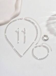 Conjunto de joyas de 5 piezas con collar, pendientes, anillo y pulsera con destellos de cristal rhinestone, adecuado para vestidos elegantes de verano de señoras, con variedad de estilos y colores para elegir