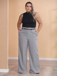Calça Longa Plus Size Fashion sem Cinto e Bolsos sem cinto - Cinza - Visão 3