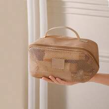 Bolsa de maquillaje de alta gama con diseño tipo Ins de gran capacidad y malla, organizador de artículos de tocador portátil y multifuncional para viajes