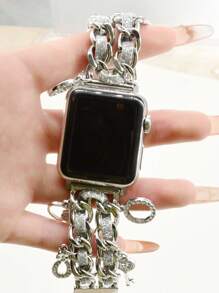 1PC Silver Sparkling Leather Chain Watch Bands With Love Pendant Zinc Alloy Straps 38/40/41/42mm 42/44/45/46/49mm Compatible With Apple Watch Ultra 2/SE/10/9/8/7/6/5/4/3/2/1