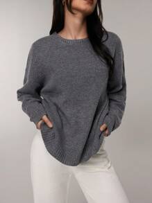 FOR BEAUTY Autumn And Winter New Solid Color Simple Round Neck Long Sleeved Daily Casual Lazy Style Knitted Sweater Knit Top, Fashion Loose And Warm Commuting Style Sweater Jumpers For Women Pullover New Year