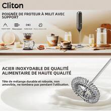 CLITON 1 pièce Mousseur à lait puissant pour café, mixeur de boissons à main rapide avec fouet en acier inoxydable, mousseur à lait à piles - Mixeur à main noir. Mousseur à main pour faire mousser le lait pour lattes, fouet électrique, mini mousseur pour cappuccino, frappé, matcha, chocolat chaud - Multicolore - Voir 5