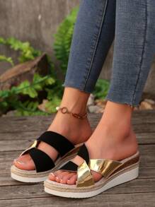 Damen Plateau Sandalen, farblich abgesetzter Keilabsatz Slip-On, lässige High Heel Pantoletten für den Sommer