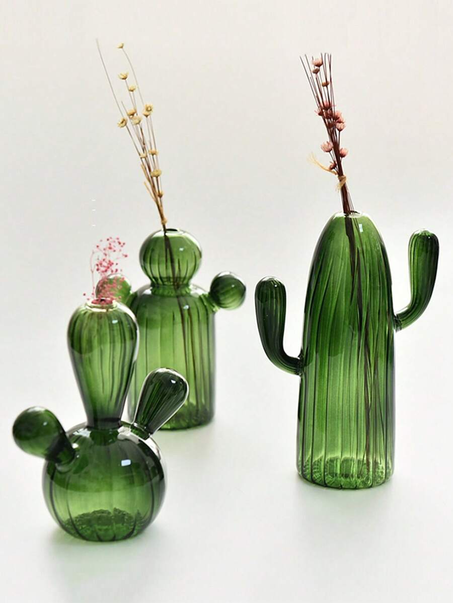 1个仙人掌造型玻璃花瓶，创意植物花瓶装饰，桌面摆件，透明水培花瓶，生日礼物，毕业礼物，家居装饰，返校房间装饰，学习用品花瓶 - 綠色 - 查看 1