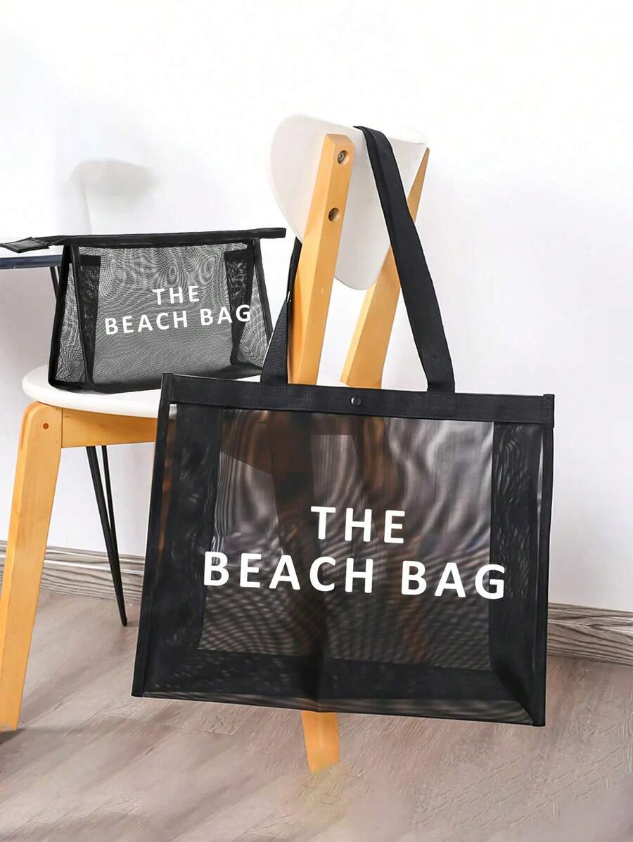 Juego de bolsas de malla de gran capacidad, bolso de mano de mujer, bolsa de playa estampada, bolsa de playa de malla, bolsa de almacenamiento de cosméticos de malla, bolsa de playa plegable impermeable, bolsa de playa de malla con decoración de letras, bolso de hombro de mujer, bolsa de regalo personalizada, bolsa de cosméticos - Negro - Ver 1