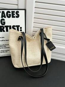 Women Simple Woven Patchwork Color Block Shoulder Tote Bag, Resort Element Beach Bucket Bag - Black - View 3