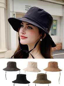 1 pieza Sombrero de cuerda de unicolor para mujer, sombrero de sol con parte superior redonda, adecuado para escalar, pescar, sombrero de cubo con ala ancha de moda