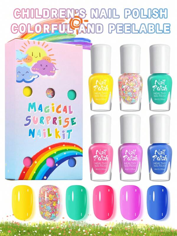 6pcs/Set 4ml Children Nail Polish Set, Graffiti Colorful Nail Art Lacquer, Water-Based Non-Bake Gel Polish, Multi-Color Combination With Glitter, Suitable For Kids Nail Salon, DIY Home, Holiday Party, Birthday Celebration