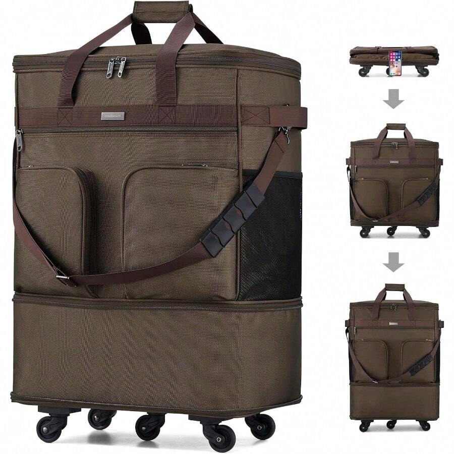 Hanke Suitcases With Wheels Expandable Foldable Luggage Bag Suitcase Collapsible Rolling Travel Bag Duffel Bag For Men Women Lightweight Suitcases Without Telescoping Handle, Black - 咖啡升級版2 - 查看 1