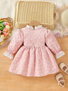 Baby Girls' Cute & Elegant Solid Color Ruffle Lace Trim Puff Sleeve A-Line Dress With 3D Bow, Princess Style Zipper Front Closure Dress For Infant/Toddler, Suitable For Spring/Autumn Outings - Pink - View 2