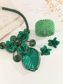 Bijou exagéré fait main avec perles, fil d'aluminium, acrylique, fausses perles. Style bohème, Europe & Amérique, Inde, cowboy occidental, resort, soirée, africain, vintage. Collier, bracelet, boucles d'oreilles