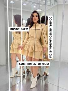Long Sleeve Dress With Elegant Belt And Double Hem In Duna Fabric - 米色 - 查看 3