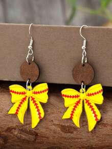1 Pair Acrylic Softball Printed Bow Earrings, Cute Sports Style Small Earrings For Women