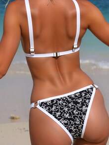 2 件套女士时尚性感黑白碎花比基尼泳装套装，适合夏季海滩度假 - 黑色 - 查看 2