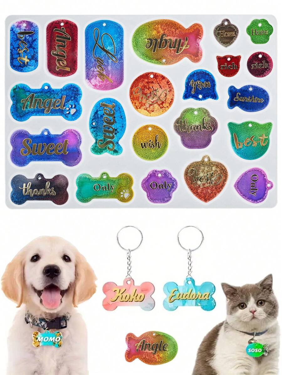1pc Pets Tag Resin Silicone Mold, For The Resin Casting Pet Collar Tag Dog Cat Name, Key Chain Resin Mold - White - View 1