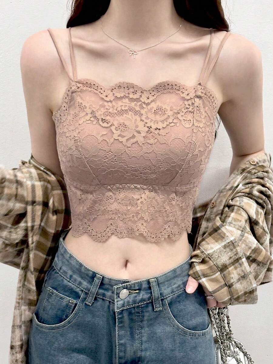 女士时尚露脐蕾丝吊带背心休闲夏季 - 藕粉色 - 查看 1
