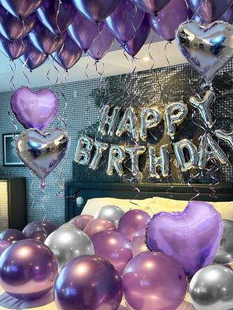 47st Lila tema Silver Grattis på födelsedagen Garland ballonger, 16 tums folie Grattis på födelsedagen ballong, hjärtfolie ballong, silver & lila latex ballonger, Lämplig för födelsedagsfest för damer, bröllopsbrud dusch, födelsedagsdekoration, lila lavendel tema, foto rekvisita, jubileum