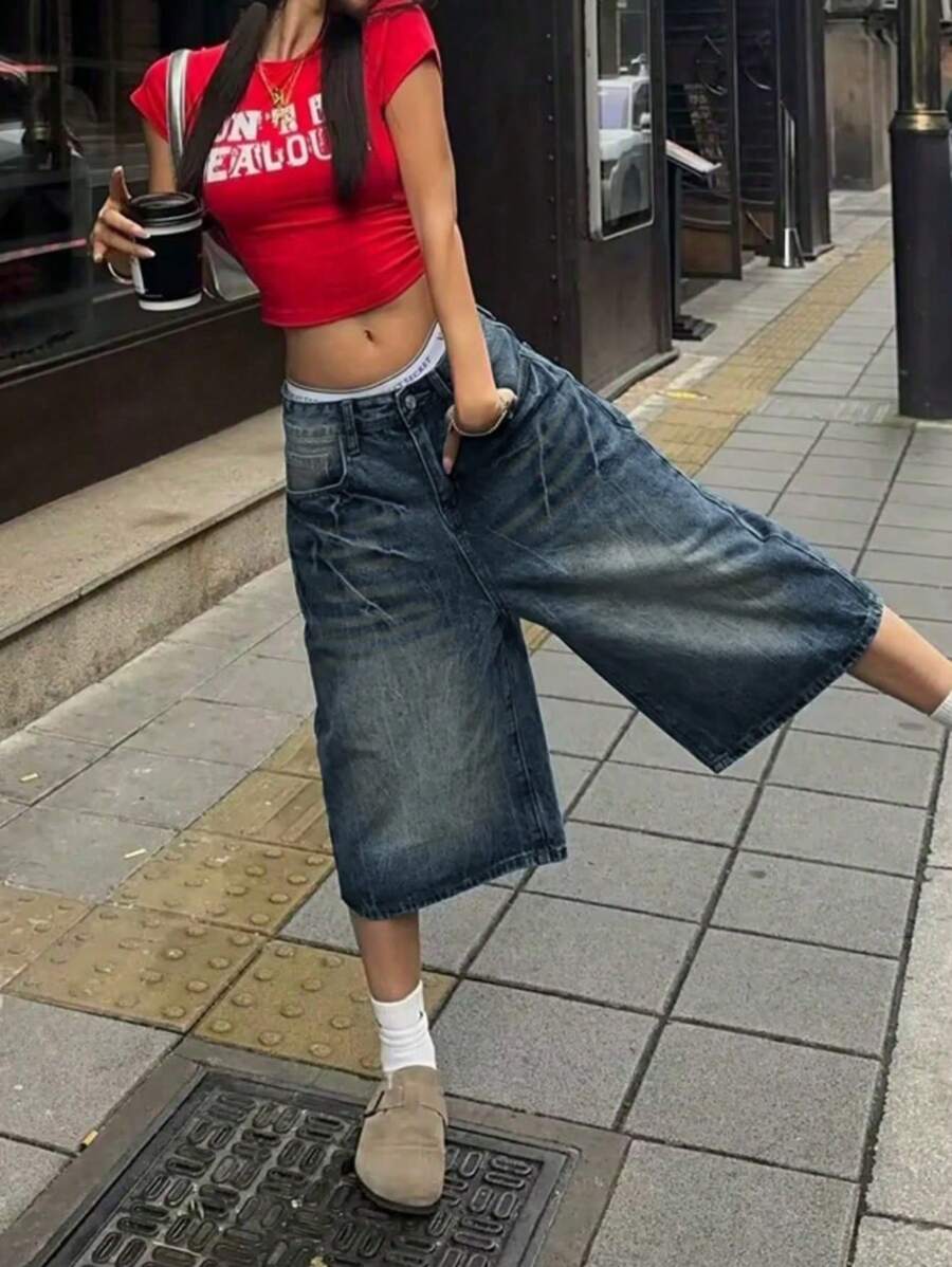 Y2K Street Vintage Washed Cat Whiskered Pocket Style Wide Leg Bermuda Jeans Denim Jorts Casual Shorts Cropped Trousers Y2K Music Festival - 復古藍 - 查看 1