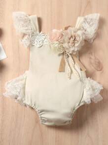 Elegant Baby Girl Romper, Sleeveless Square Neck Lace Hem Solid Color Flower Stitch Playsuit With Lace Skirt - 米色 - 查看 2