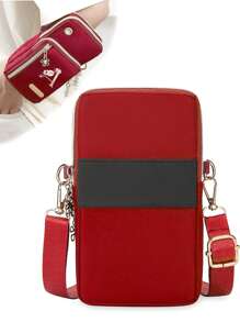 Women's Phone Pouch, Red Mini Crossbody Bag With Gold Floral & Alphabet A-Y Pattern Women's Vertical Coin Purse Sports Arm Sleeve/Running Wrist Pouch Mini Casual Crossbody Phone Bag With Earphone Hole Fashionable For White-Collar, Suitable For University, Work, Business, Commute, Office, Anniversary, Valentine's Day, Birthday, Mother's Day, Teacher's Day, Etc. - Red - View 3